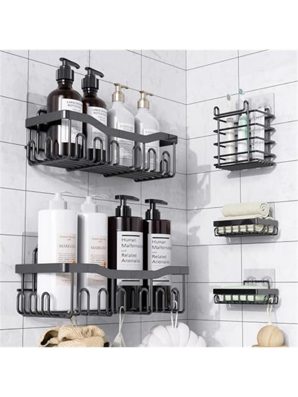 5 Piece Shower Caddy Organizer Black Wall Mount No Drill Stainless Steel Shelves